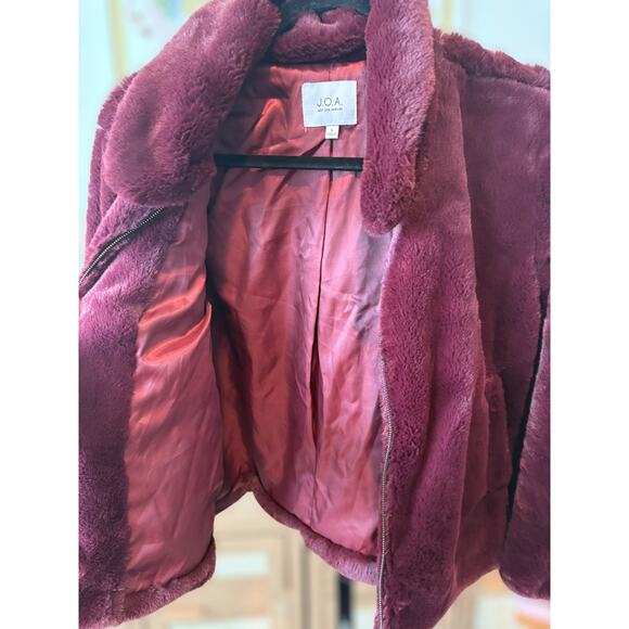 J.O.A. Just One Answer Faux Fur Full Zip Bomber Jacket Wine Womens Size Small - Picture 6 of 12
